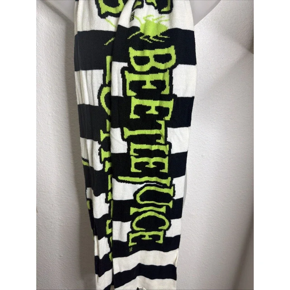 Tim Burton's Beetlejuice Scarf  Vintage 78”x8” Striped Tassels White Black Green